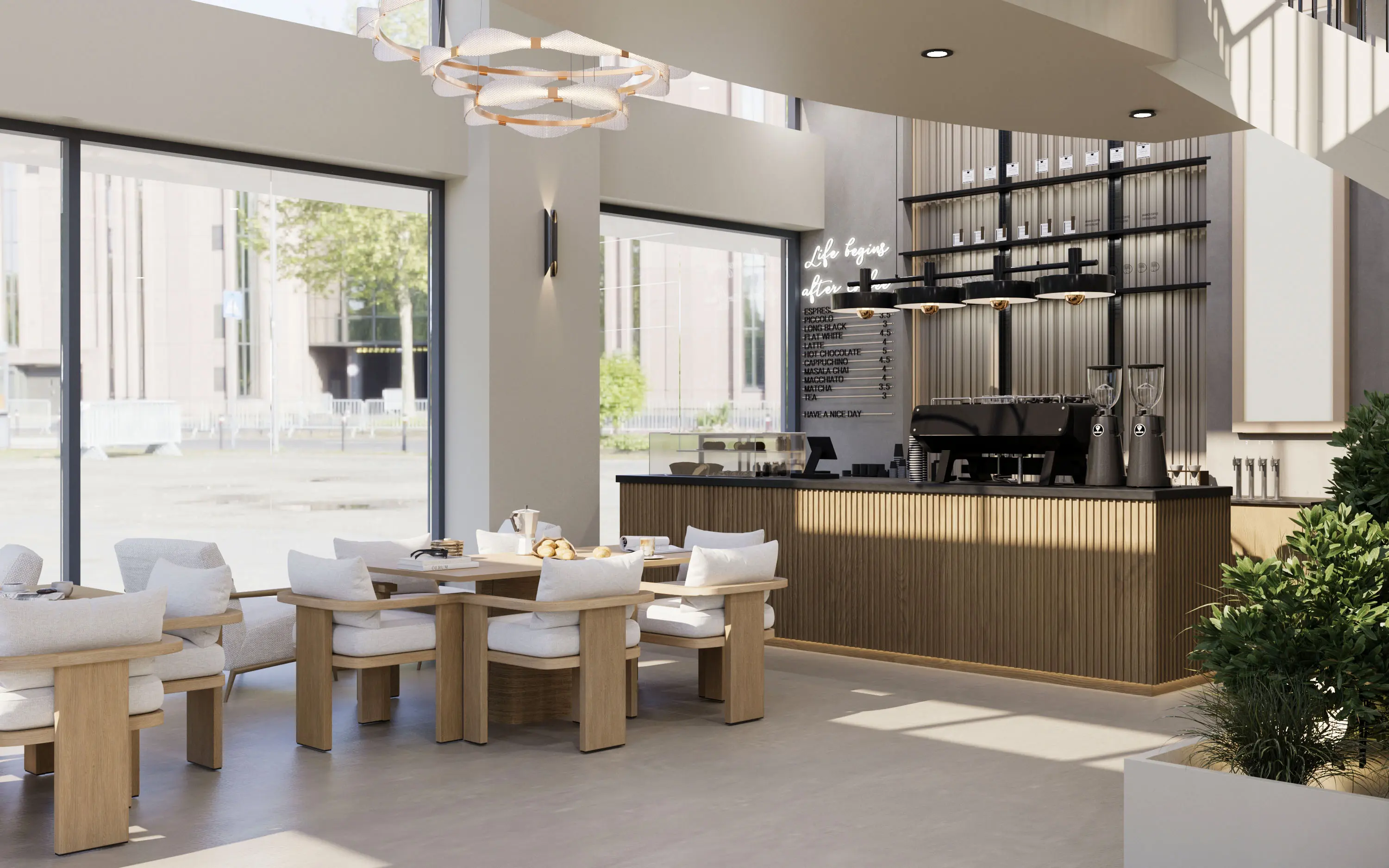 Modern cafe lounge and seating area